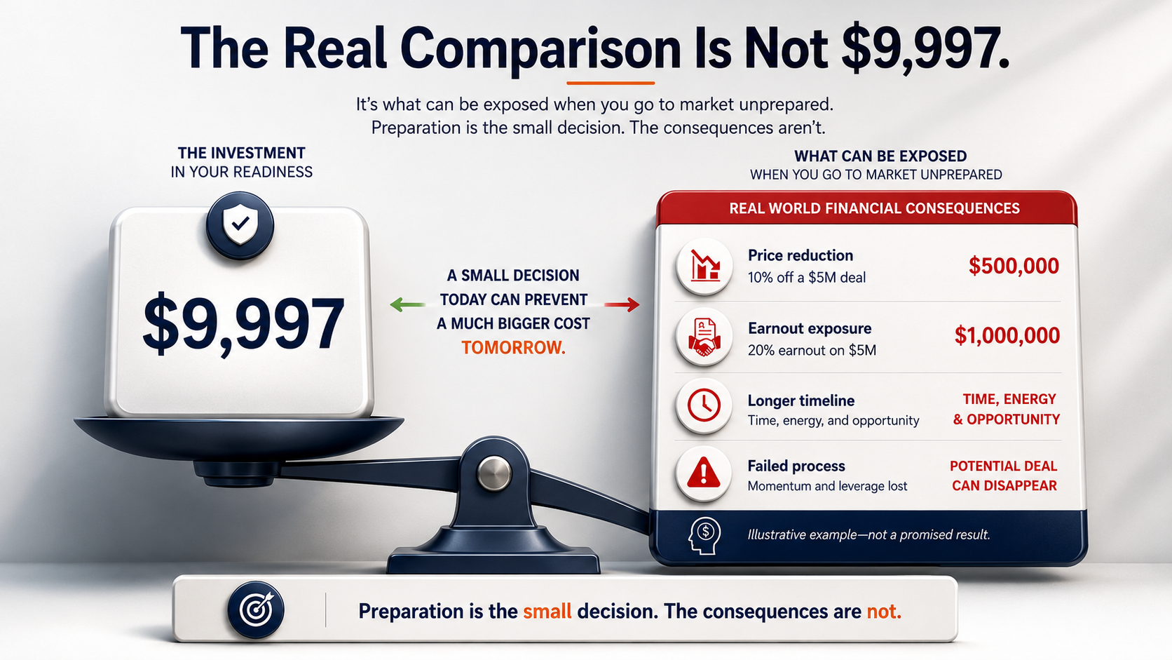 An illustrative comparison between the $9,997 Exit Mastery investment and the financial consequences that may be exposed when a business goes to market unprepared.