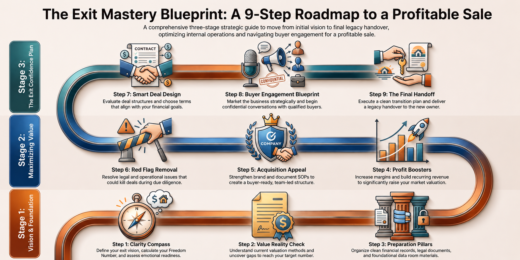 The Exit Mastery Blueprint three-stage, nine-step roadmap from Clarity Compass through Final Handoff.